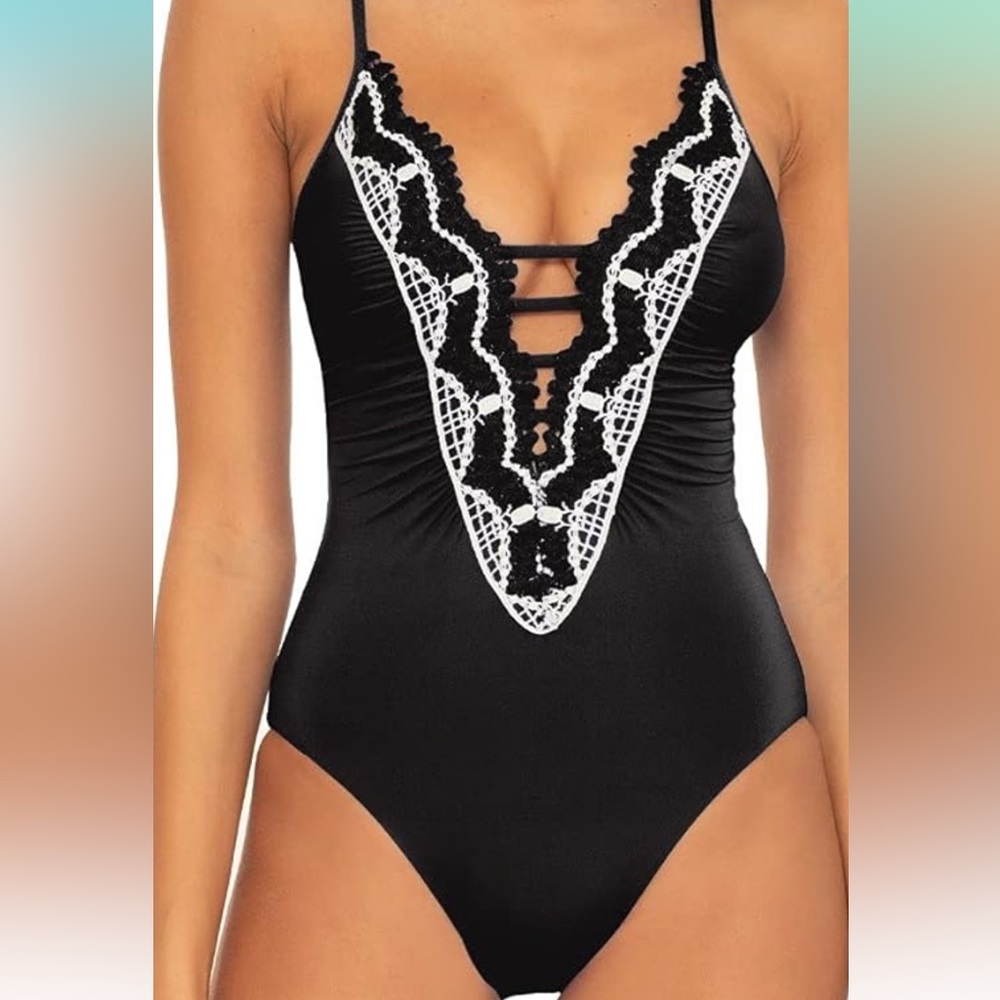 Becca by Rebecca Virtue Delilah Clare Plunge One-Piece Women L Embroidery Black